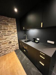une cuisine avec un comptoir et un mur en pierre dans l'établissement Ty Thabor - Centre ville au calme 4 pers, à Rennes