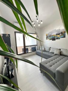 a living room with a couch and a plant at LT Apartment in Vratsa