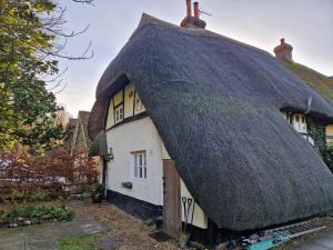 a thatched cottage with a thatched roof at Delightful 3bed thatched Cottage in Stockbridge