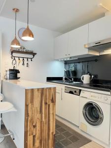 a kitchen with a washing machine and a washer at Living at Saarpartments -AdultsOnly- 2 Bedrooms, Kitchen- Business & Holiday Apartments for Long- and Short term Stay, 3 min to Train-Station, Secure E-Bike Parking! in Saarbrücken