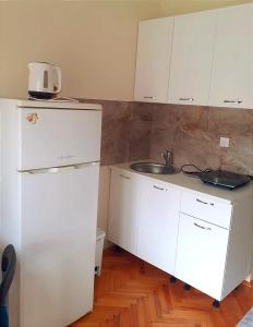 a kitchen with a white refrigerator and a sink at Guesthouse Gavrilović 28 A in Njivice