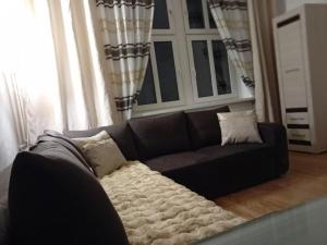 a black couch in a living room with windows at Magnolia1 in Toruń
