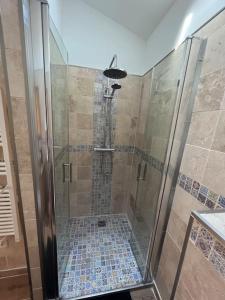 a shower with a glass door in a bathroom at Maisonnette dans la vallée verte in Fillinges