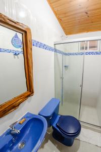 a bathroom with a blue toilet and a mirror at HOTEL LLANO CAMPESTRE in La Concepción