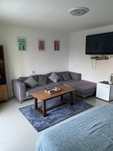 a living room with a couch and a coffee table at English owned Homestay and Yoga in Chalong 