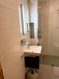 a bathroom with a sink and a mirror at Ferienhaus Erholung Pur in Boltenhagen