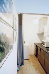 a kitchen with a wall with pictures on the wall at Modern Apartment in Millennium City Area in Vienna