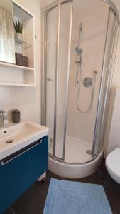 W łazience znajduje się prysznic i umywalka. w obiekcie Zimmer im Herzen Gößweinsteins w mieście Gößweinstein