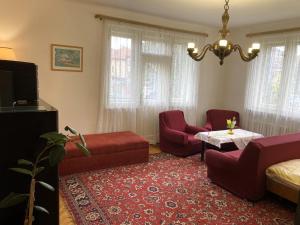 ein Wohnzimmer mit roten Möbeln und einem Kronleuchter in der Unterkunft Retro apartment in Prag