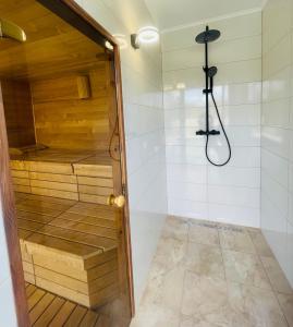 a bathroom with a shower with a tub at Luxury Holiday House BREJZOV BREJG in Dankovci