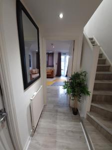um corredor com uma escada com um espelho e um vaso de plantas em J's House em Nottingham