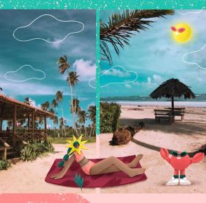 two pictures of a woman laying on the beach at Hermosa casa Holandesa in La Entrada