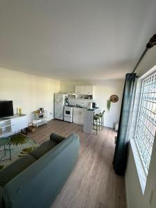 a living room with a couch and a table and a kitchen at Apartement Anabela in Willemstad