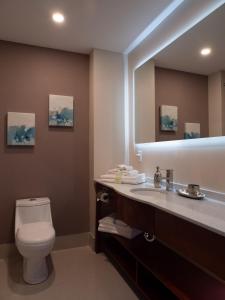 a bathroom with a toilet and a sink and a mirror at Hotel Montreal Metropolitan, BW Signature Collection in Montréal