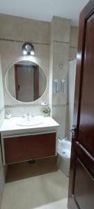 uma casa de banho com um lavatório, um espelho e um WC. em Mirasoles 44 em La Plata