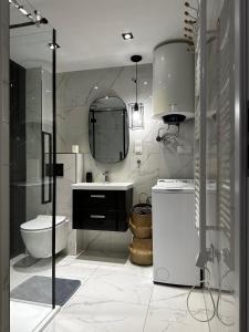 a bathroom with a toilet and a sink and a mirror at Miniapartament Jelonka in Jelenia Góra +58 photos