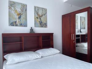 a bedroom with a bed with a wooden headboard and a mirror at Peak of Colombo in Colombo