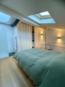 sypialnia z dużym zielonym łóżkiem i świetlikiem w obiekcie Les Capucins w mieście Bordeaux