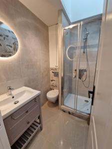 a bathroom with a shower and a sink and a toilet at F2 type apartment Near Stade de France in Saint-Denis