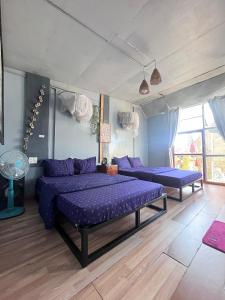two beds in a room with purple pillows at Utopia Homestay Đà Lạt in Khu Chi Lăng