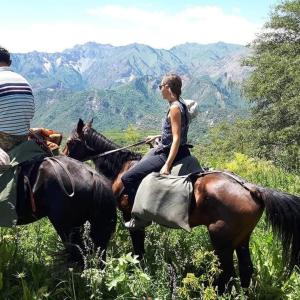 una mujer montando un caballo en un campo en Гостевой дом Эверест en Arkit
