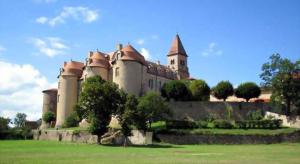 een kasteel bovenop een weelderig groen veld bij Le Pommiers in Pommiers-en-Forez