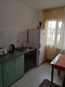 Il comprend une cuisine équipée d'un réfrigérateur blanc et d'une table. dans l'établissement Apartament S&F, à Dej