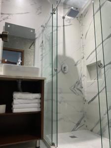 a bathroom with a shower with a glass door at Hotel Santa María Inn in San Juan de los Lagos