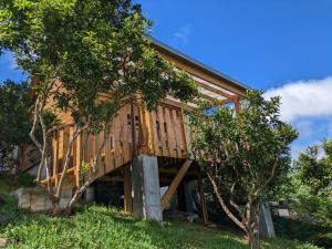 a tree house with a deck on a hill at Au Bonheur des Makes in Saint-Louis