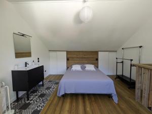 ein Schlafzimmer mit einem Bett, einem Waschtisch und einem Waschbecken in der Unterkunft Au Bonheur des Makes in Saint-Louis