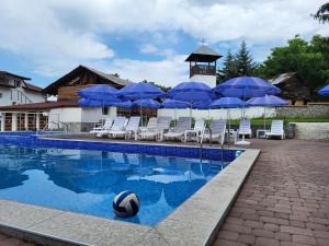 uma piscina com guarda-sóis azuis e uma bola de voleibol em Чилковата Къща em Banya