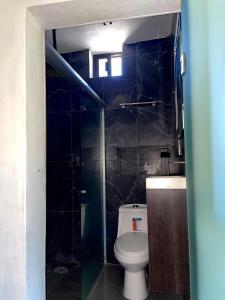La salle de bains est pourvue de toilettes et d'une douche en verre. dans l'établissement Bungalow Ballena c/vistas increíbles al Océano Pacífico, à Perihuete