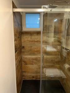 ein Bad mit einer Dusche und einer Glastür in der Unterkunft Porschenahe Wohung in Stuttgart