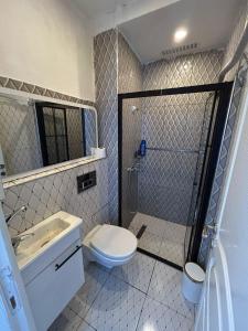 ein Bad mit einer Dusche, einem WC und einem Waschbecken in der Unterkunft My Blue Butik Hotel in Nilüfer