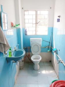 a blue bathroom with a toilet and a sink at Serendipia in Dimāpur