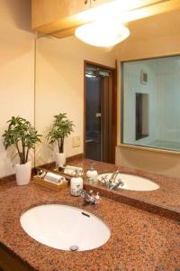 a bathroom with a sink and a large mirror at The Archaic / Luxury apartment near Shinjuku in Tokyo