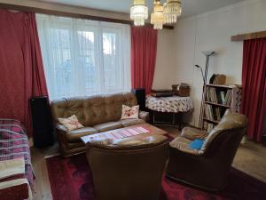 a living room with a leather couch and chairs at Vinyl House in Strekov