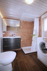 a bathroom with a toilet and a washing machine at Hobbit House - Frodo in Därligen