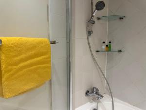 een badkamer met een douche en een gele handdoek bij Charmant 2 pièces - Paris Centre in Parijs