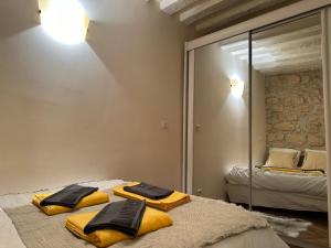 een kamer met 2 bedden, gele handdoeken en een spiegel bij Charmant 2 pièces - Paris Centre in Parijs
