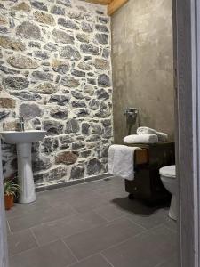a stone bathroom with a sink and a toilet at Rouvas Villas in Apomarmá