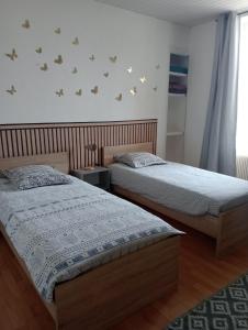 2 Betten in einem Schlafzimmer mit Schmetterlingen an der Wand in der Unterkunft Maison EL Marielle in Vierzon