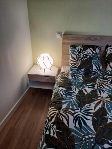 ein Schlafzimmer mit einem Bett mit einer Lampe in der Unterkunft logement T2 neuf - centre-ville in Parthenay