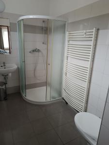 y baño con ducha, aseo y lavamanos. en Pension Hluboká, en Hluboká nad Vltavou