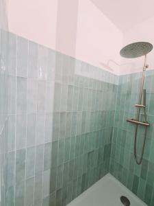 ein Bad mit einer Dusche mit grünen und weißen Fliesen in der Unterkunft Appartement intra muros avec cour privée in Avignon