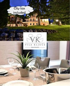 布萊德的住宿－Vila Ključe Apartments，酒杯桌子和读取 ⁇ 的村庄的标语