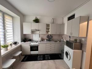 cocina con armarios blancos y fogones en Apartament Paprotka, en Skarzysko-Kamienna