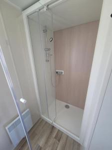 W łazience znajduje się prysznic ze szklanymi drzwiami. w obiekcie Stéphanie w mieście Biville-sur-Mer