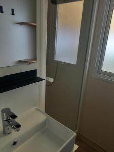 W łazience znajduje się umywalka i prysznic. w obiekcie Stéphanie w mieście Biville-sur-Mer