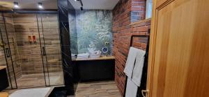 La salle de bains est pourvue d'une douche et d'un mur en briques. dans l'établissement Apartament " La Dolce Vita ", à Bryzgiel